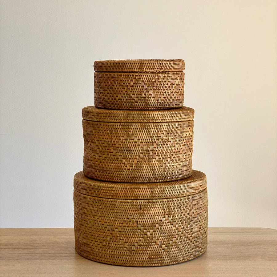 Bali Rattan Round Storage Box with Lid - Deer Harbour Design - $95