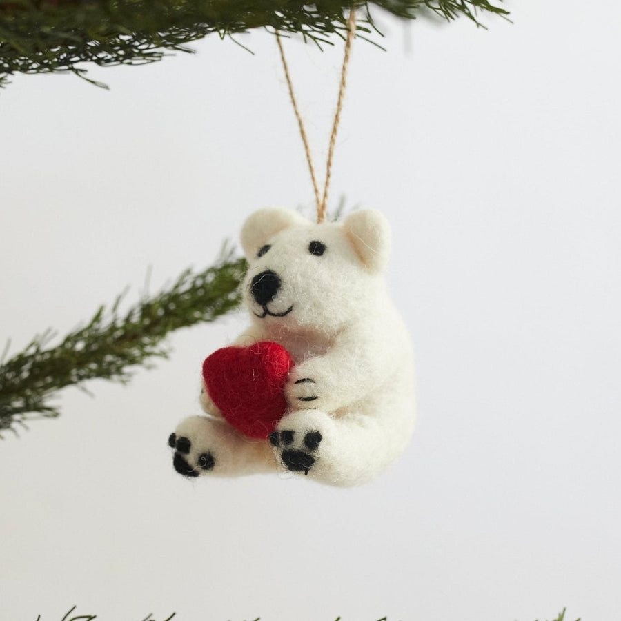 Felt Ornament - Mini Polar Bear Holding Heart - Deer Harbour Design - Holiday - $22