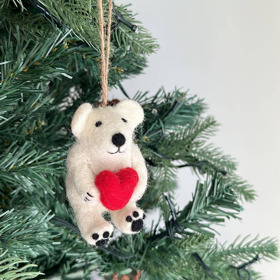 Felt Ornament - Mini Polar Bear Holding Heart - Deer Harbour Design - Holiday - $22