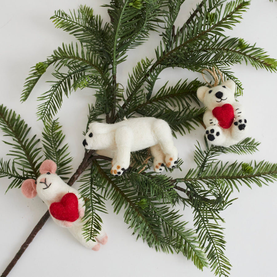 Felt Ornament - Mini Polar Bear Holding Heart - Deer Harbour Design - Holiday - $22