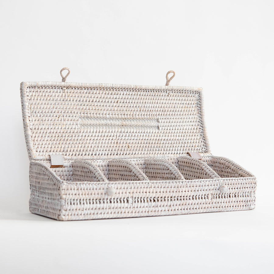 Five Section Tea Box with Lid - White Wash / 16.5’’ x 6’’ 5’’ - Artifacts - Baskets - $132