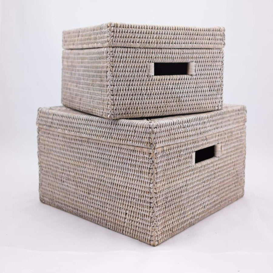 Lidded Baskets with Cutout Handles - Small 12’’ x 8’’ / White Wash - Matahari - $130