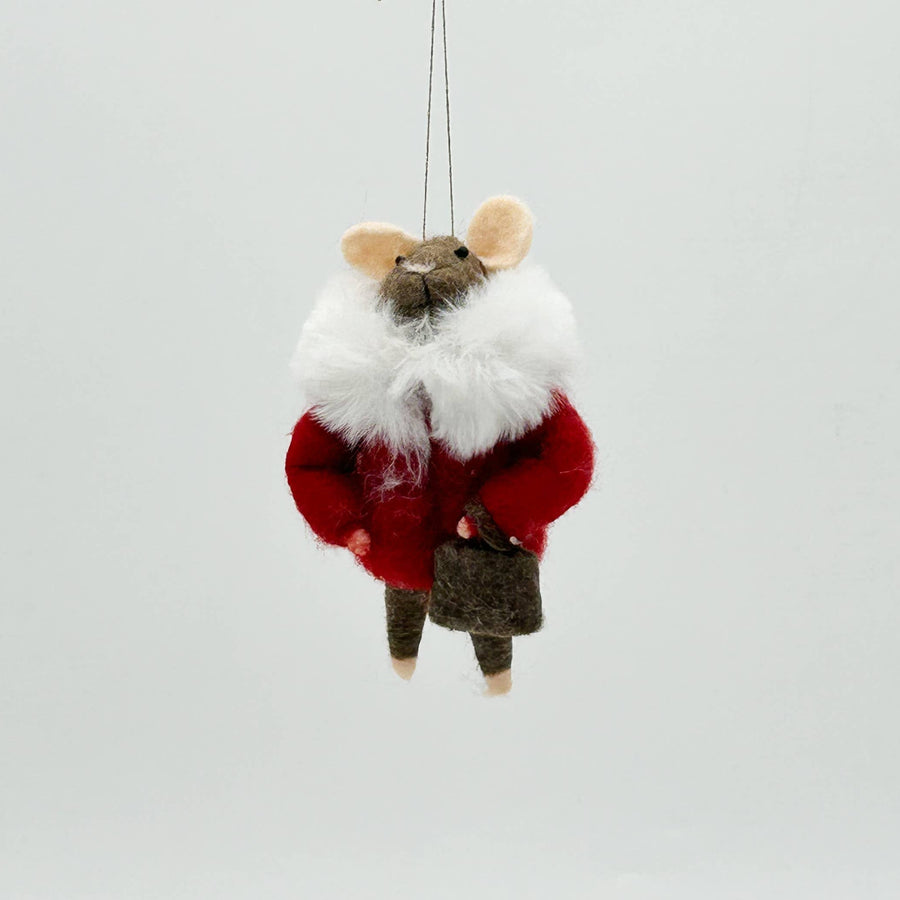 Mrs. Mouse in Red Coat - Felt Figurine Tree Decoration - Kalid Christmas - Holiday - $14