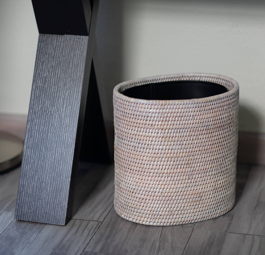 Oval Waste Basket with Metal Liner - White Wash - Artifacts Trading Company - Baskets - $135