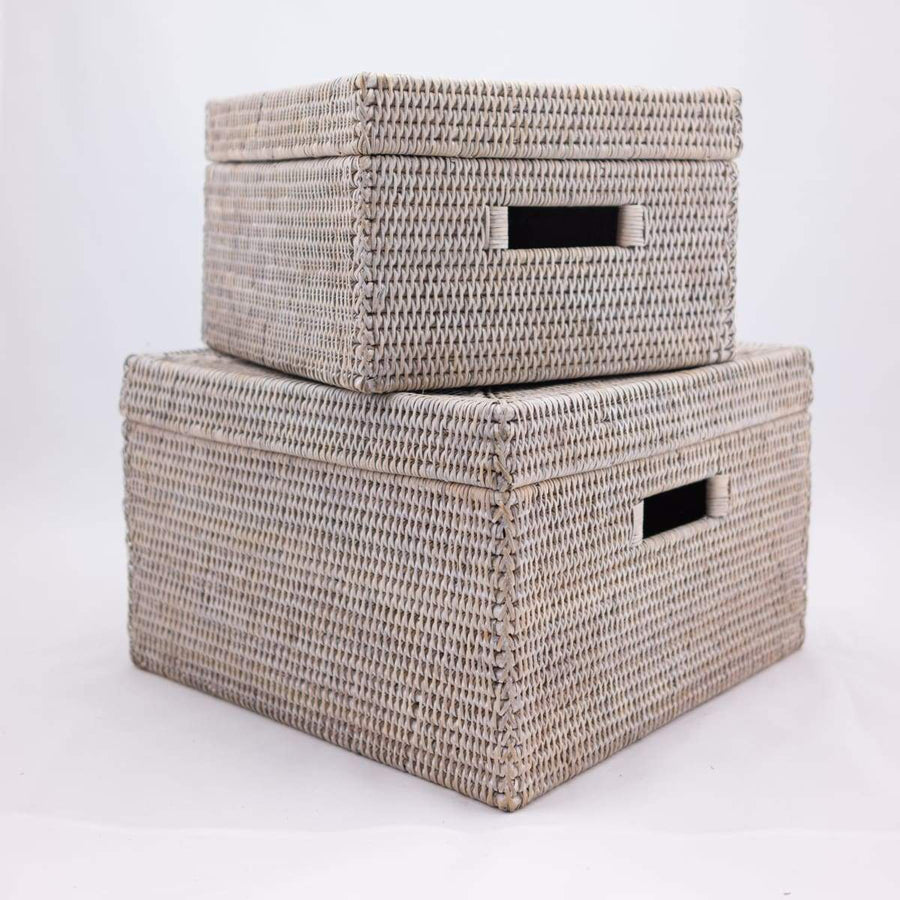 Square Lidded Baskets with Cutout Handles - Small 12’ x 8’ / White Wash - Matahari - $130