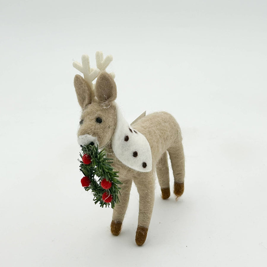 Standing Deer Holly - Felt Figurine Tree Decoration - Kalid Christmas - Holiday - $14