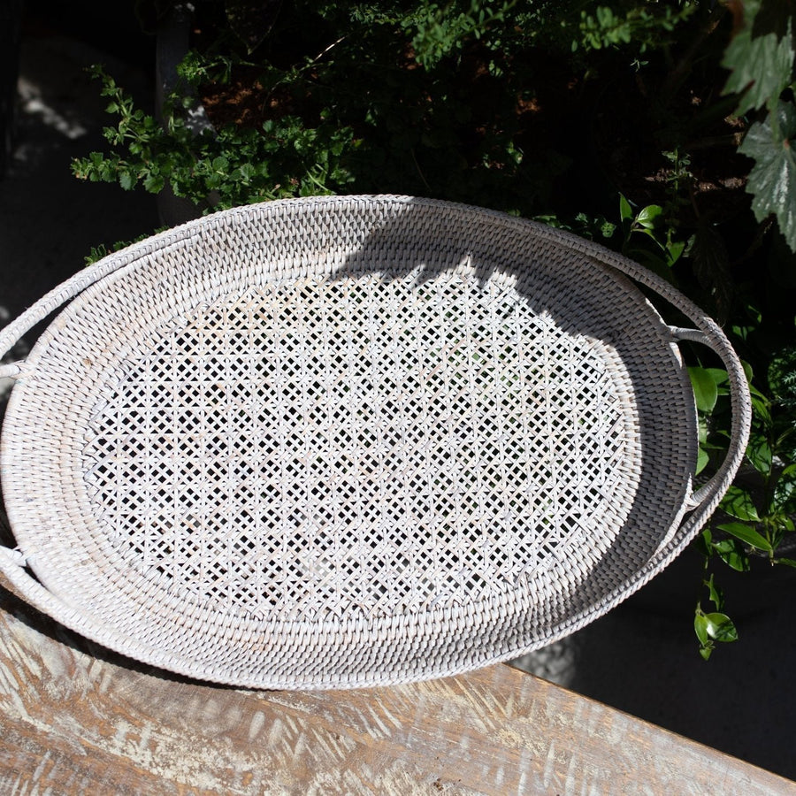 Tray- Oval Open Lace Weave - White Wash / 21 x 14 2.75’’ - Matahari - Baskets - $110