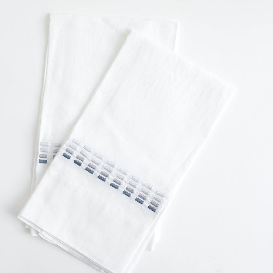 Morse Hand Towels in washed Linen - White with Blues - Stella Tribeca - Table - $85