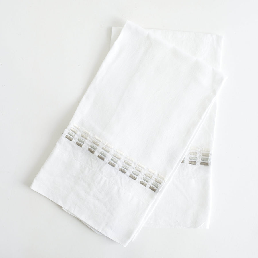 Morse Hand Towels in washed Linen - White with Greens - Stella Tribeca - Table - $85